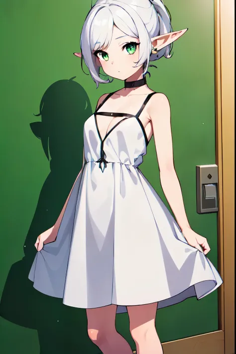 1girl, Female Elves (White dress 3.4) feet bare small tits WHITE HAIR A  girl Standing Masterpiece, Anatomically correct, (Green Eye 5.5) From Suave Anime CG Art, 