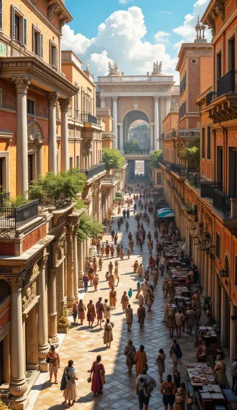 **Prompt:** During ancient rome era. As a historian wandering through the lively streets of ancient Rome, immerse yourself in the vibrant atmosphere of the insula buildings—multistoried apartment complexes that housed the city's diverse populace. Paint a p...