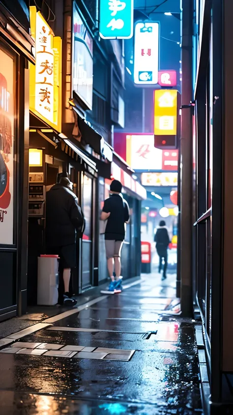 Sleek white sneakers as main focus, featuring no logos and a thick sole with (blue) lines. Set against a dark night in Tokyo, illuminated by (neon) lights. The atmosphere feels soft and blurred, evoking a sense of loneliness and solitude, yet encouraging. ...