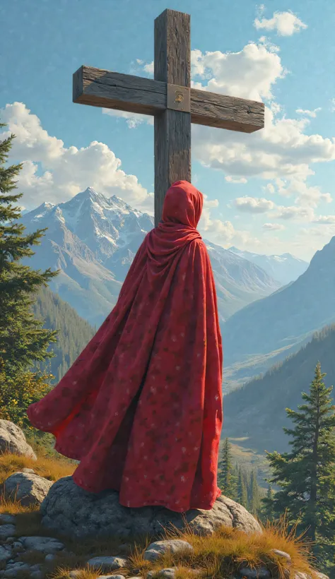 Cross with red cloak, Beautiful landscape,  Realistic portrait, oil painting, blue sky, mountains, green trees, warm light, fine details, vibrant color palette, best quality photo, 8K, ultra detailed, Physically based rendering, studio lighting