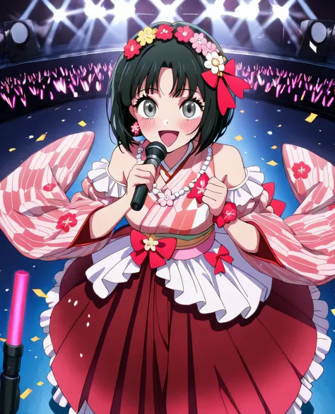 Erika_(pokemon), 1girl, solo, bob_cut, short_hair, black_hair, parted_bangs, hairband, grey_eyes, eyelashes, japanese_clothes, kimono, pink_kimono, hakama, red_hakama, floral_print_kimono, frills, obi, pink_sash, sash, floral_print_sash, obijime, obijime, ...