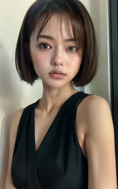 (masterpiece:1.3), (8k, Photorealistic, raw photos of Kao all, best quality: 1.4), Soft light, professional lighting, hidden hair, Very beautiful girl, pretty clean beauty, shy, Serious,  Hair, bungs, blouse