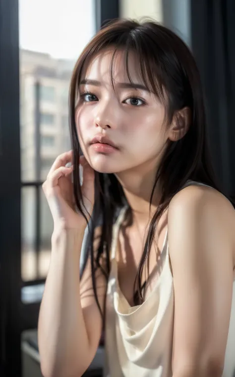 (masterpiece:1.3), (8k, Photorealistic, raw photos of Kao all, best quality: 1.4), Soft light, professional lighting, hidden hair, Very beautiful girl, pretty clean beauty, shy, Serious,  Hair, bungs, blouse