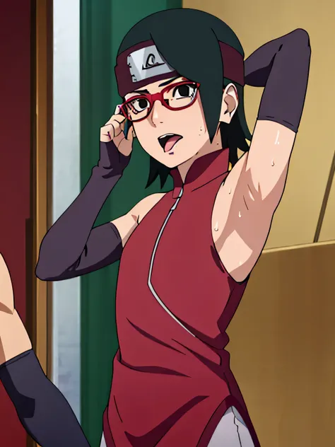Sarada Uchiha,human woman with fair skin. She is a r with black eyes and red clothing. Her hair is black in color; She is beautiful.Wearing red rimmed glasses.Tsundere face. Pink eye shading,mature appearance,armpits,sweat,sweaty,sweaty armpits,arms up,s...