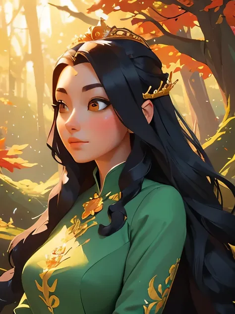 a woman with long hair and a yellow dress in a forest, a detailed painting inspired by rossdraws, trending on Artstation, fantasy art, beautiful maiden, beautiful character painting, ((a beautiful fantasy empress)), fantasy art style, beautiful fantasy mai...