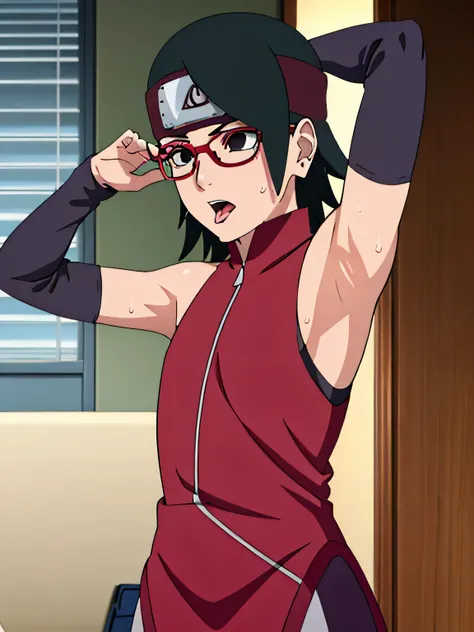 Sarada Uchiha,human woman with fair skin. She is a r with black eyes and red clothing. Her hair is black in color; She is beautiful.Wearing red rimmed glasses.Tsundere face. Pink eye shading,mature appearance,armpits,sweat,sweaty,sweaty armpits,arms up,s...