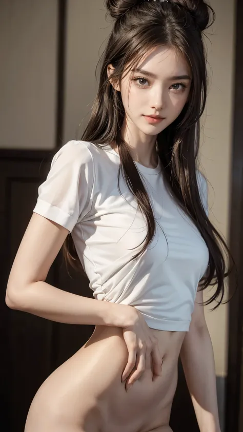 (( Model-Like Beauty )), masterpiece, best image quality,  ultra detailed , (perfectbody:1.5), (perfect faces+disheveled hair+Semi-long bun hair), close-up, viewers watching butts, She bent her body to match the audience's gaze、Lowered。 detailed hair 、deta...