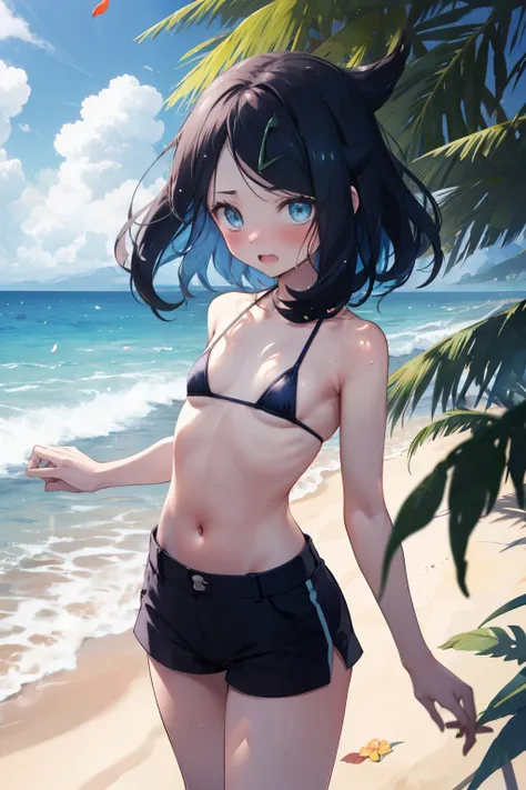 Lure,((((jump)))), (( butt, angle from below , teeth)), (((Light Blue Micro Bikini Bra, Nipple Slips , underbob in pussy, ))), Detailed depiction of nipples, , cute, sweat, (masterpiece, top quality, 8K ultra-high resolution:1.4), Pokemon Rico , (trop...