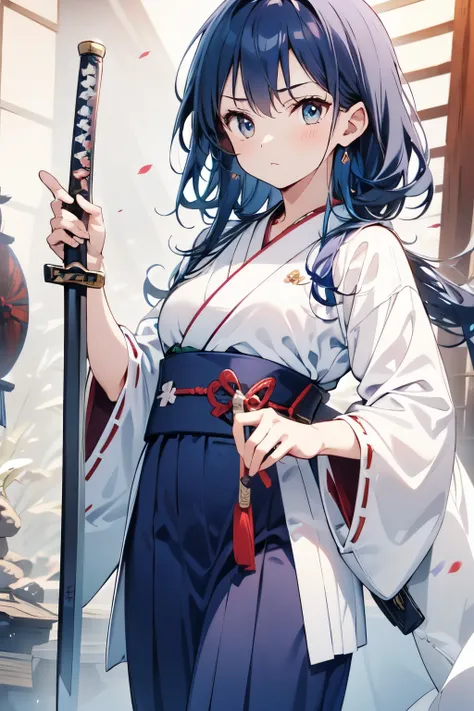 1girl, (cowboy shot:1.3), weapon on hands, aiming samurai sword at viewer, blue hair, long hair, serious, navy hakama, white haori, looking at viewer,best quality, high solution