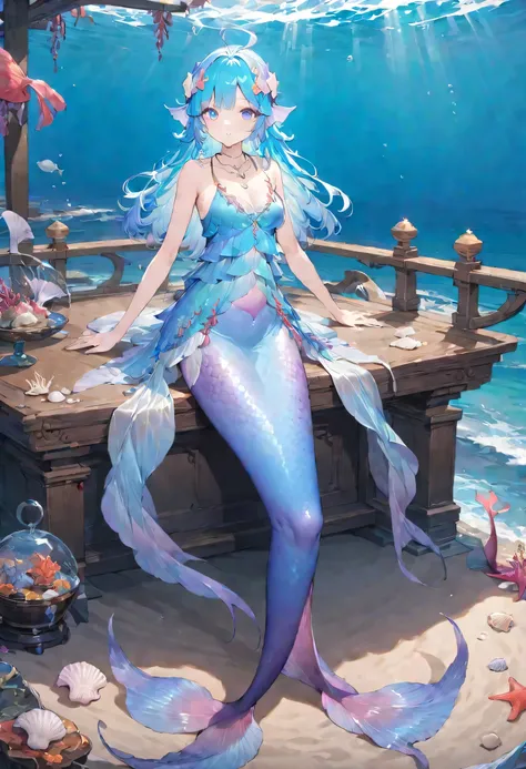  masterpiece, Best Quality, 完美特征, fine details, alone,watching the audience, Mermaid,  Head fin,sea, kneeless Mermaid, seashell hair accessories,full body
, blue eyes,  shiny hair , blue dress,  Ahog,  necklace, 