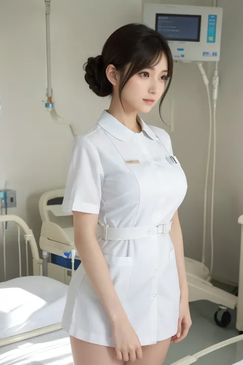 crosses legs、1 girl,(Wearing white Nurse clothes:1.2),(RAW photo, top quality), (realistic, photo-realistic:1.4), masterpiece, ((Big Breasts)),Extremely Delicate and Beautiful, very well detailed, 2k wallpaper, wonderful, finely, very well detailed CG unit...