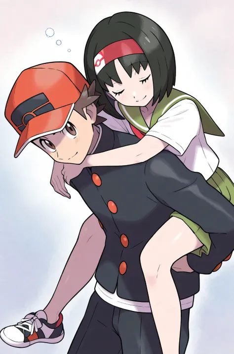 Erika_(pokemon), 1girl, solo, bob_cut, short_hair, black_hair, parted_bangs, hairband, red_hairband, closed_eyes, eyelashes, serafuku, miniskirt, pleated_skirt, skirt, shirt, white_shirt, green_skirt, red_neckerchief, neckerchief, sailor_collar, sailor_shi...