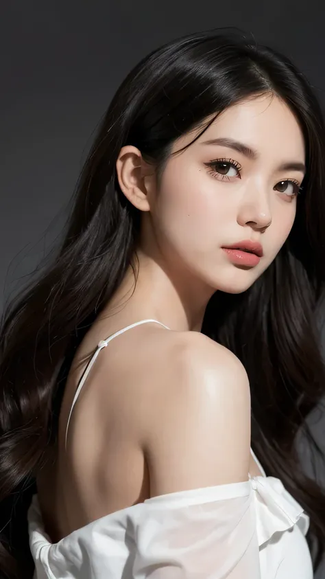 8k, Masterpiece, Top Quality, Close-up, long, flowing, white, hair, waves, curls, strand, eye, skin, rosy, complexion, full, lips, pinkish-red, eyes, closed, serene, dark, black, garment, realistic, hair texture, shading, skin, clothing, soft, diffused, f...