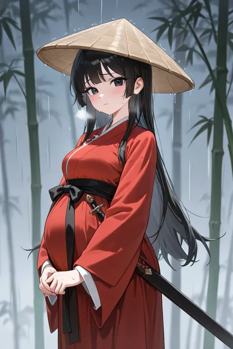 (Best quality, 4k, 8k, high resolution, masterpiece:1.2), ultra detailed, intricate details, beautiful girl, alone, long black hair, bangs, black eyes, medium breasts, perfect smooth skin, looking at viewer, head tilted, traditional Asian clothing, red han...