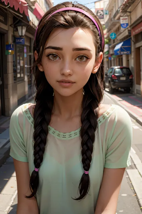 An impressive and intricate full color portrait, Ultra-HD a girl, brown hair with 2 braids, brown eyes, pink headband, detailed face, dressed in a light green t-shirt with embroidery on the neck, no logos, epic character composition, alessio albi, nina ma...