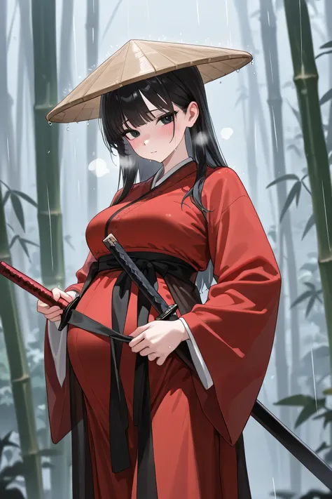 (Best quality, 4k, 8k, high resolution, masterpiece:1.2), ultra detailed, intricate details, beautiful girl, alone, long black hair, bangs, black eyes, medium breasts, perfect smooth skin, looking at viewer, head tilted, traditional Asian clothing, red han...