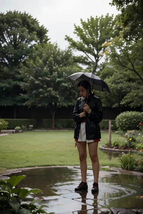 Demon slayer Nezuko in the rain looking lonely in the garden