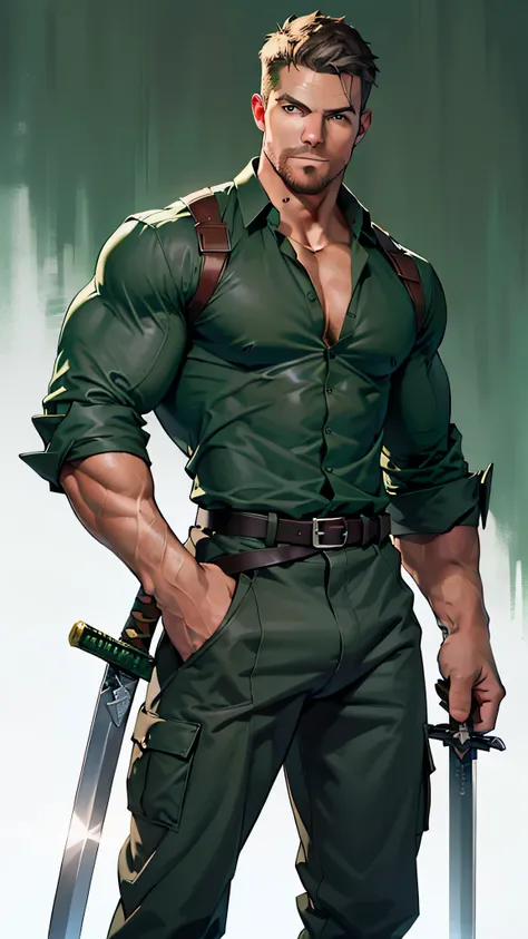 1 man, male focus solo,mature,sexy , horny. Bulge,45 yo man,Stephen AMELL as green arrow, lean muscle, developped pectoral muscles, ((open dark green shirt, dark green jeans with brown belt)) ,(( big manly bulge)), full body shot, dark blond short hair, w...
