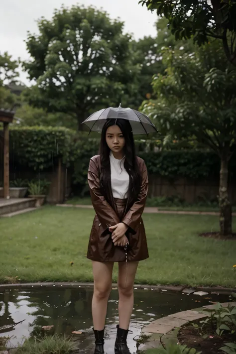 Demon slayer Nezuko in the rain looking lonely in the garden