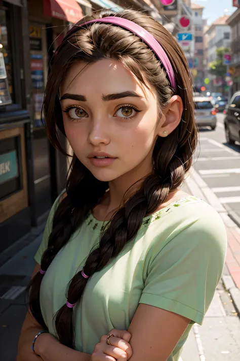 An impressive and intricate full color portrait, Ultra-HD a girl, brown hair with 2 braids, brown eyes, pink headband, detailed face, dressed in a light green t-shirt with embroidery on the neck, no logos, epic character composition, alessio albi, nina ma...