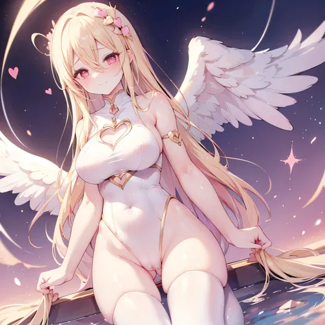 pink,heart, angel idol, thigh gap, blonde, red eyes, shy smile,(Angel circle),((cameltoe, girl trembling with sexual climax,))