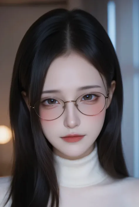 Create an image of a young female character with long, wavy black hair, wearing stylish round glasses. She has a soft, delicate face with rosy cheeks and dark eyes. The character is wearing a white sweater with a high collar. The background is slightly dim...