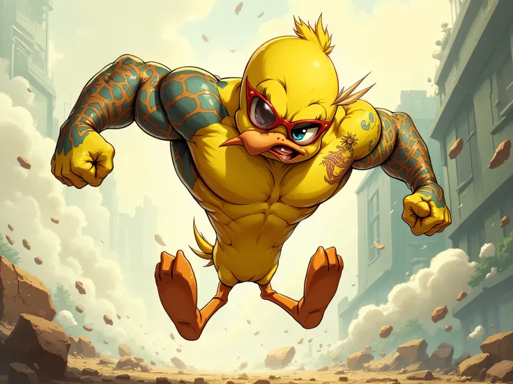 Warner Bros . “Tweety”, wearing red glasses  , Muscular, Tatto on the shoulder jumping