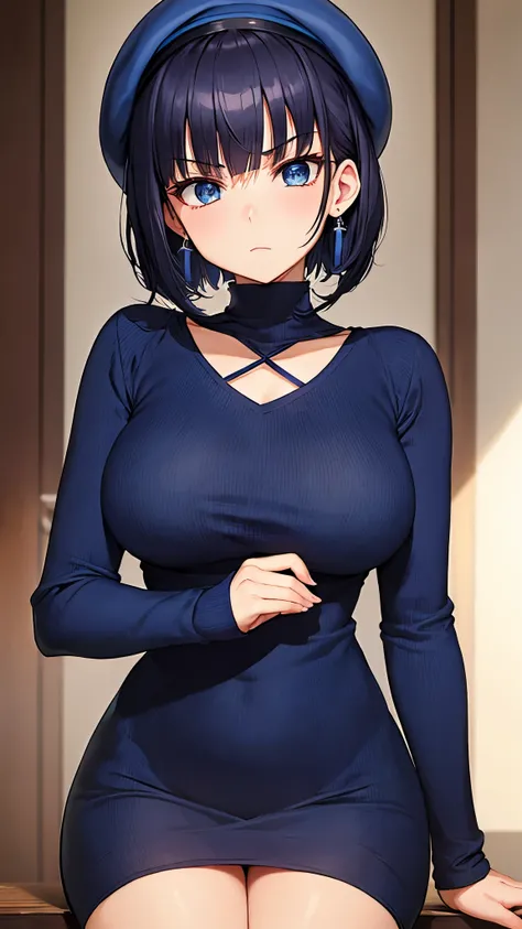 top quality、 top quality、 masterpiece、 beauty、 dark blue short hair、 blue eyes、( navy blue turtleneck) 、(very large breasts)、 angry face、 navy blue choker 、earrings、( beret,)、big ribbon