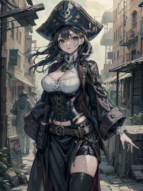 ideal ratio body proportions, perfect anatomy, correct body, earring, large breasts, narrow waist, short hair, black hair, wavy hair, hair behind ear, half updo, sweat, adult body, outdoor, cowboy shot, Practical pirate clothing, Long-sleeved pirate top, S...