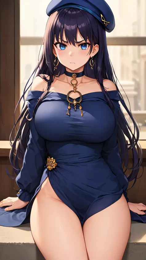 top quality、 top quality、 masterpiece、 beauty、Navy blue long hair、 blue eyes、(luxurious navy blue dress)、 big breasted 、(very large breasts)、 angry face、 navy blue choker 、earrings、( beret,)、big ribbon