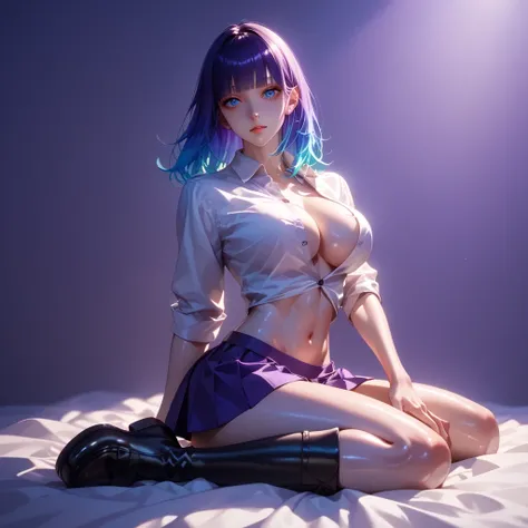 hand on own ass, ((purple White, hair, gradient hair ), top quality、 ( professional lighting without shadows )、 surreal, is fascinating、figure like a slender supermodel、 1 girl, ( big breasts, Belly button exposed), ( flat at honny, beautiful skin)), (明るい ...