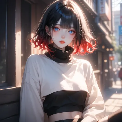(red black hair, gradient hair ), best quality 、 one adult female , (とても大きい胸, midriff peek ), (pale skin ), ( bright , kissed by her beautiful blue eyes , (( casual princess cut without shadows , layered cut )), ( A black mini tight skirt ,(( black tight c...