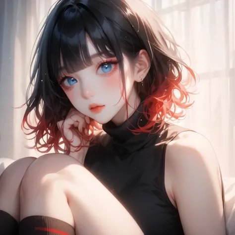 (red black hair, gradient hair ), best quality 、 one adult female , (とても大きい胸, midriff peek ), (pale skin ), ( bright , kissed by her beautiful blue eyes , (( casual princess cut without shadows , layered cut )), ( A black mini tight skirt ,(( black tight c...