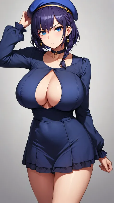 top quality、 top quality、 masterpiece、 beauty、Dark Blue Purple Short Hair(side braid)、 blue eyes、(dark blue dress)、 big breasted 、(very large breasts:1.4)、 angry face、 navy blue choker 、earrings、( beret,)