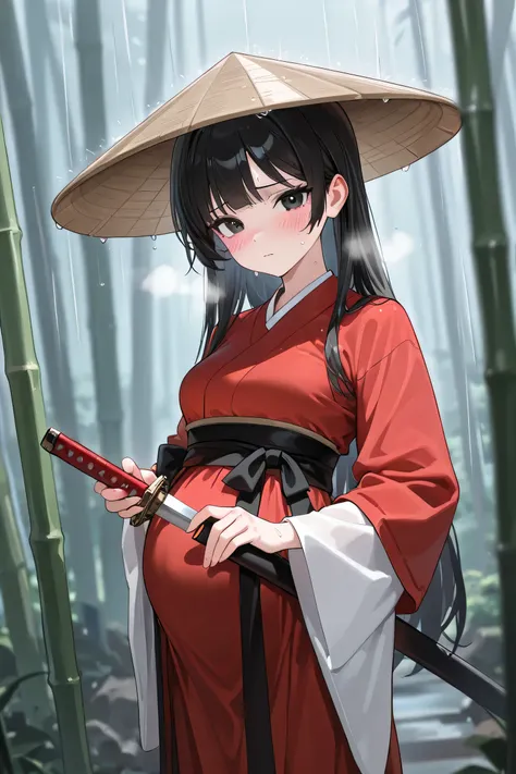 (Best quality, 4k, 8k, high resolution, masterpiece:1.2), ultra detailed, intricate details, beautiful girl, alone, long black hair, bangs, black eyes, small-medium breasts, perfect smooth skin, looking at viewer, head tilted, traditional Asian clothing, r...