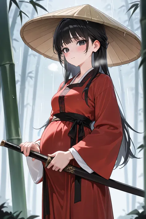 (Best quality, 4k, 8k, high resolution, masterpiece:1.2), ultra detailed, intricate details, beautiful girl, alone, long black hair, bangs, black eyes, small-medium breasts, perfect smooth skin, looking at viewer, head tilted, traditional Asian clothing, r...