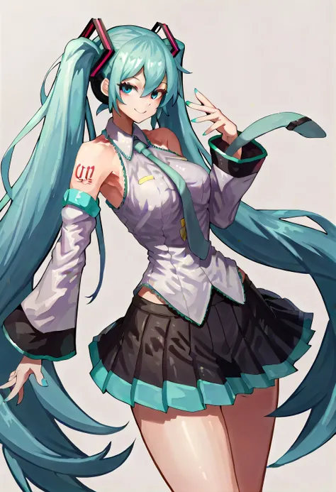 1girl, long hair, twintails, very long hair, blue hair, blue eyes, smile, hair ornament, hatsune miku, aqua hair,
skirt, detached sleeves, necktie, aqua eyes,