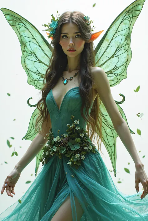 very professional and realistic photo, view, of a fairy who is the guardian of an enchanted forest. She must be extremely beautiful and ethereal, with an air of mystery and magic. Facial features: big shiny eyes, skin with an emerald green hue.  soft and l...