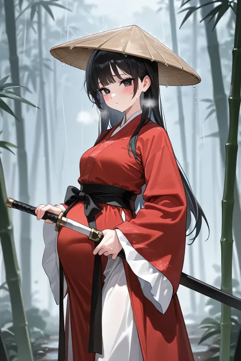 (Best quality, 4k, 8k, high resolution, masterpiece:1.2), ultra detailed, intricate details, beautiful girl, alone, long black hair, bangs, black eyes, small-medium breasts, perfect smooth skin, looking at viewer, head tilted, traditional Asian clothing, r...