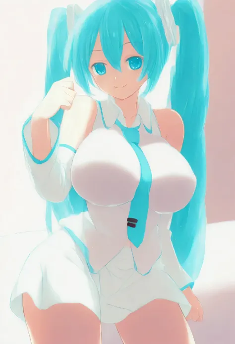 1girl, long hair, twintails, very long hair, blue hair, blue eyes, smile, hair ornament, hatsune miku, aqua hair, skirt, detached sleeves, necktie, aqua eyes, (gigantic breasts)