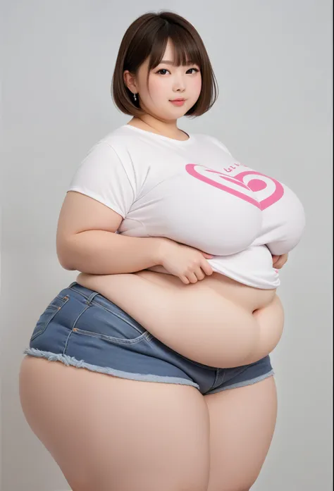 Big fat chubby sweet and young Korean girl plump short hair massive hips large breasts in a T-shirt and shorts are obese