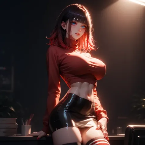hand on own ass, ((red black, hair, gradient hair ), top quality、 ( professional lighting without shadows )、 surreal, is fascinating、figure like a slender supermodel、 1 girl, ( big breasts, Belly button exposed), ( flat at honny, beautiful skin)), (明るい and...