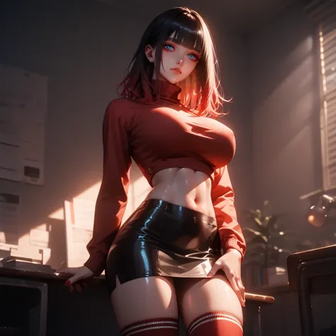 hand on own ass, ((red black, hair, gradient hair ), top quality、 ( professional lighting without shadows )、 surreal, is fascinating、figure like a slender supermodel、 1 girl, ( big breasts, Belly button exposed), ( flat at honny, beautiful skin)), (明るい and...