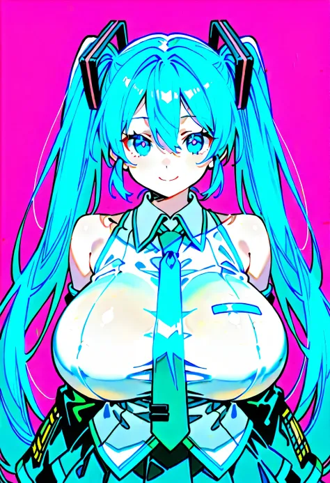 1girl, long hair, twintails, very long hair, blue hair, blue eyes, smile, hair ornament, hatsune miku, aqua hair, skirt, detached sleeves, necktie, aqua eyes, (huge breasts:1.5)