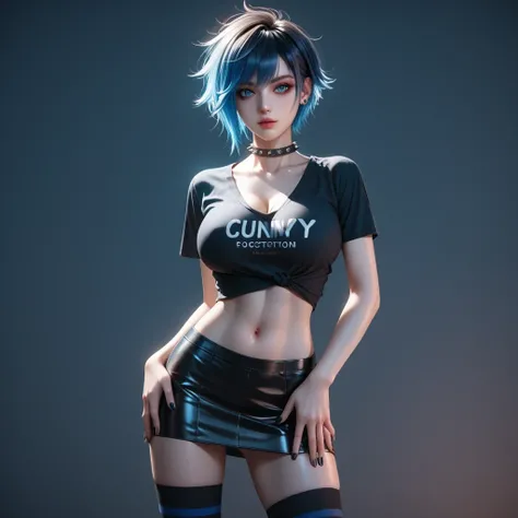 hand on own ass, (blue black, hair, gradient hair ), top quality、 ( professional lighting without shadows )、 surreal, is fascinating、figure like a slender supermodel、 1 girl, ( big breasts, Belly button exposed), ( flat at honny, beautiful skin)), (明るい and...