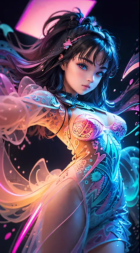 (master piece, top quality,  best quality ,  official art , beautiful and aesthetic:1.2), (1 girl:1.3), leather scarf,(fractal art:1.2),coloring,more detailed,( Zentangle Neon :1.2), (dynamic pose), (neon abstract background:1.5), (Tredital Dress:1.2), (Br...