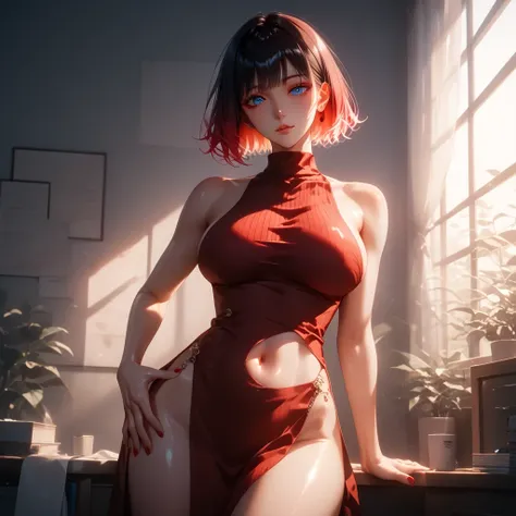 hand on own ass, ((red black, hair, gradient hair ), top quality、 ( professional lighting without shadows )、 surreal, is fascinating、figure like a slender supermodel、 1 girl, ( big breasts, Belly button exposed), ( flat at honny, beautiful skin)), (明るい and...