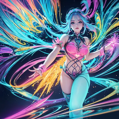 (master piece, top quality,  best quality ,  official art , beautiful and aesthetic:1.2), (1 girl:1.3), leather scarf,(fractal art:1.2),coloring,more detailed,( Zentangle Neon :1.2), (dynamic pose), (neon abstract background:1.5), (Tredital Dress:1.2), (Br...