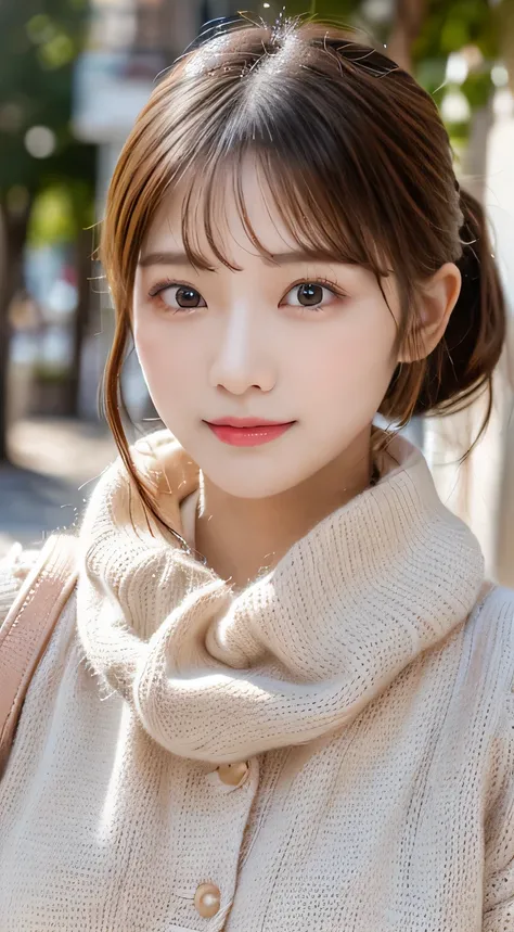 (beautiful girl、Cute Face、medium hair、stares at viewers:1.3)、top quality,8K image、 perfect double eyelids、happy、natural color makeup、Moist lips、white skin、(Low Ponytail、short ponytail、Date、 having a conversation :1.3),cute winter clothes、walk