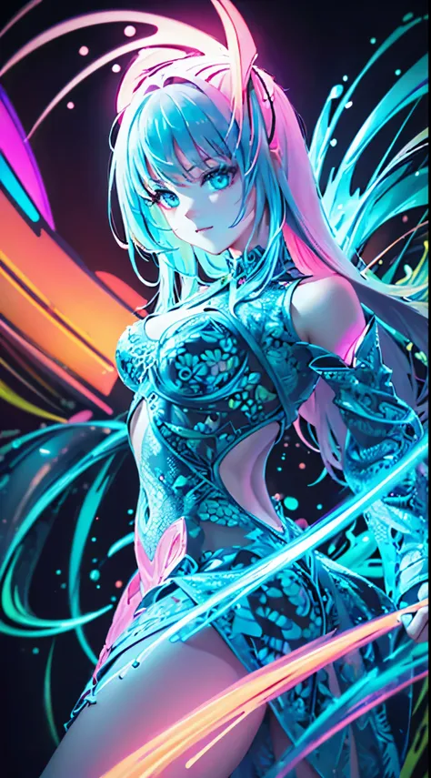 (master piece, top quality,  best quality ,  official art , beautiful and aesthetic:1.2), (1 girl:1.3), leather scarf,(fractal art:1.2),coloring,more detailed,( Zentangle Neon :1.2), (dynamic pose), (neon abstract background:1.5), (Tredital Dress:1.2), (Br...